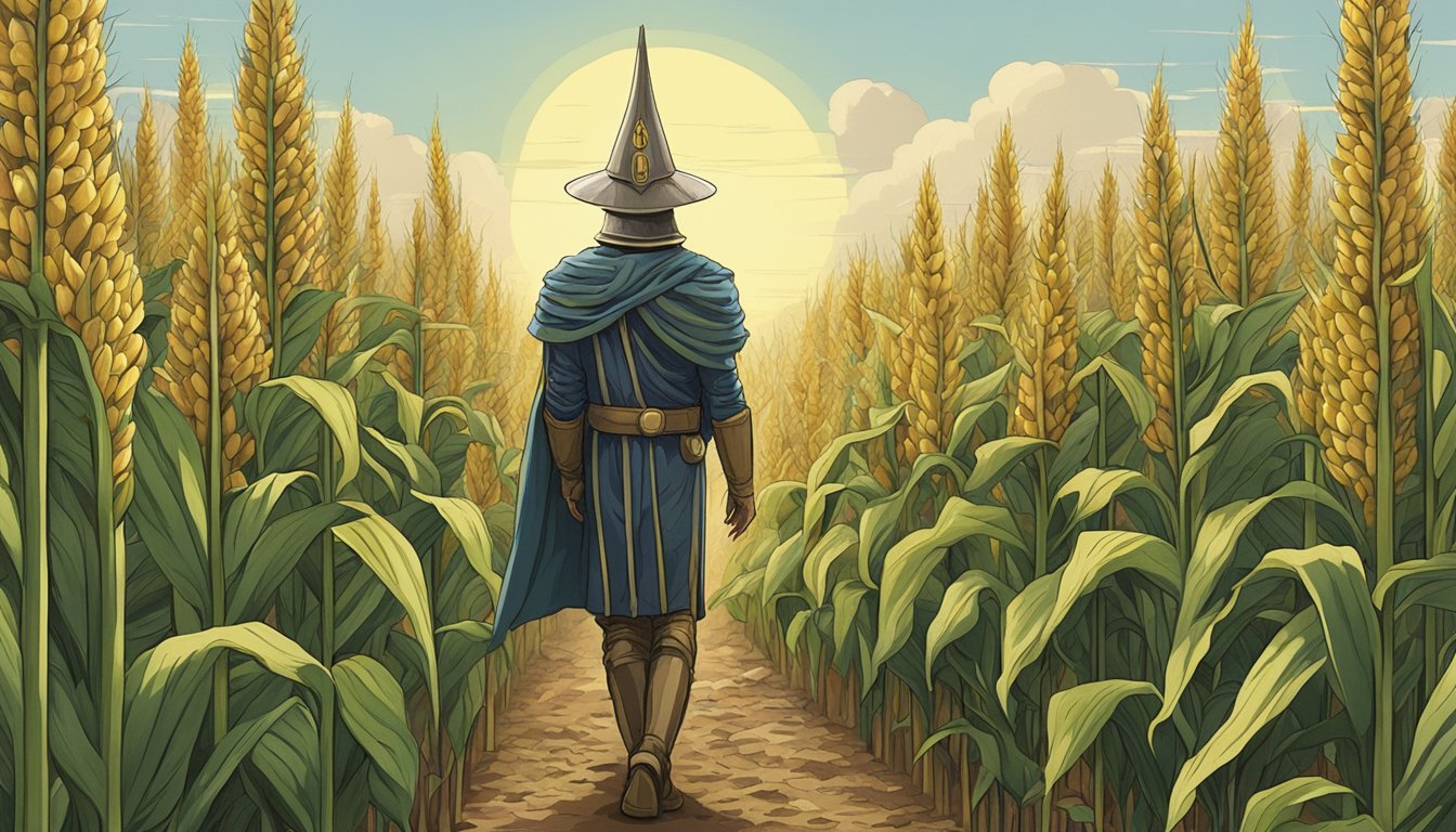 A field of towering cornstalks with a small figure emerging from the center, wearing a cob-shaped helmet and leafy cape