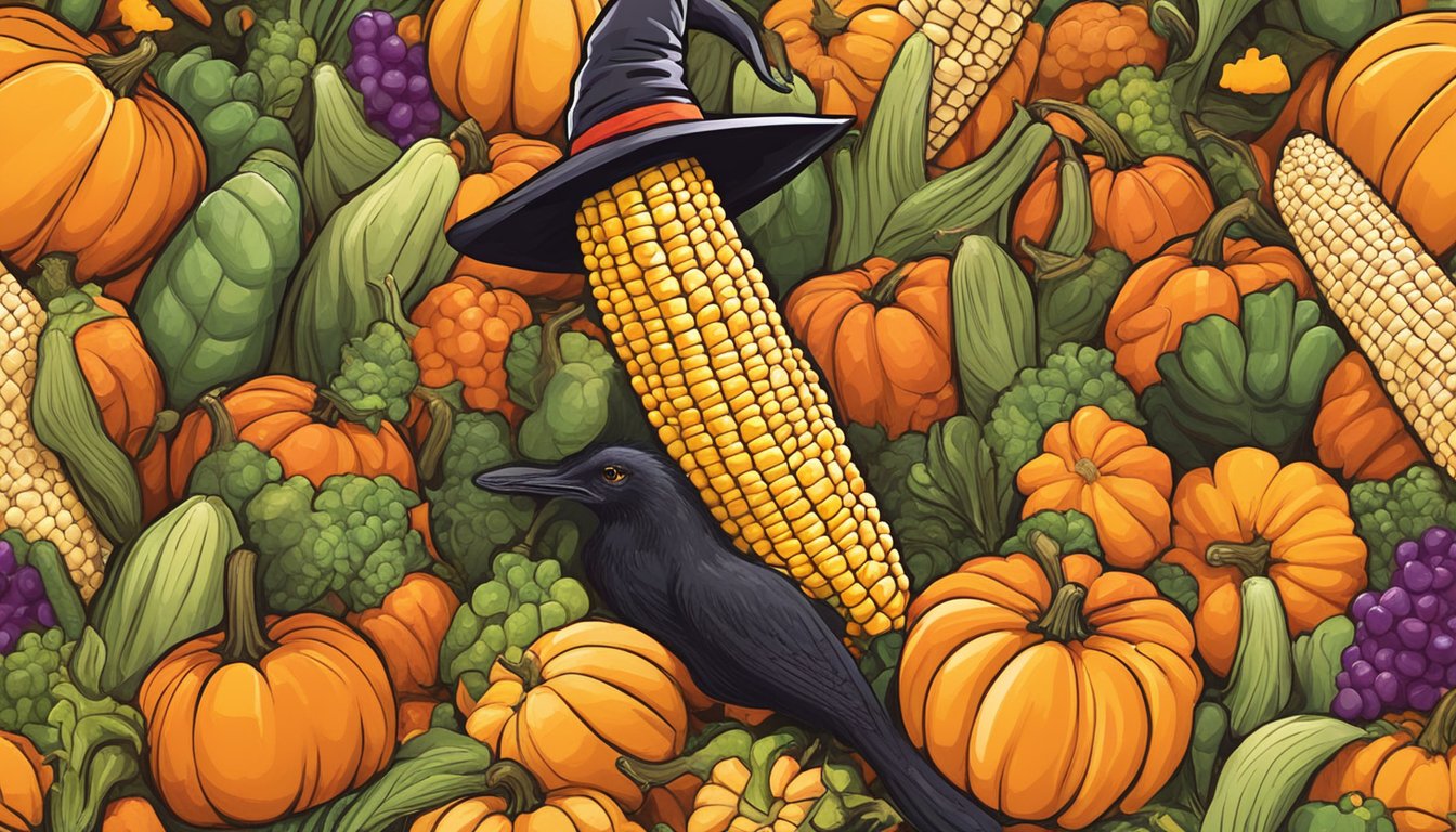 A giant ear of corn wearing a witch hat, surrounded by vibrant candy corn and pumpkins