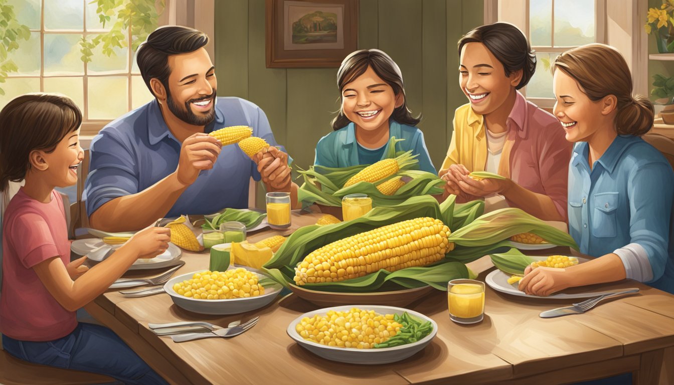 A family gathering around a table, enjoying a meal with corn on the cob as the centerpiece. Laughter and smiles show the joy of sharing this cultural tradition