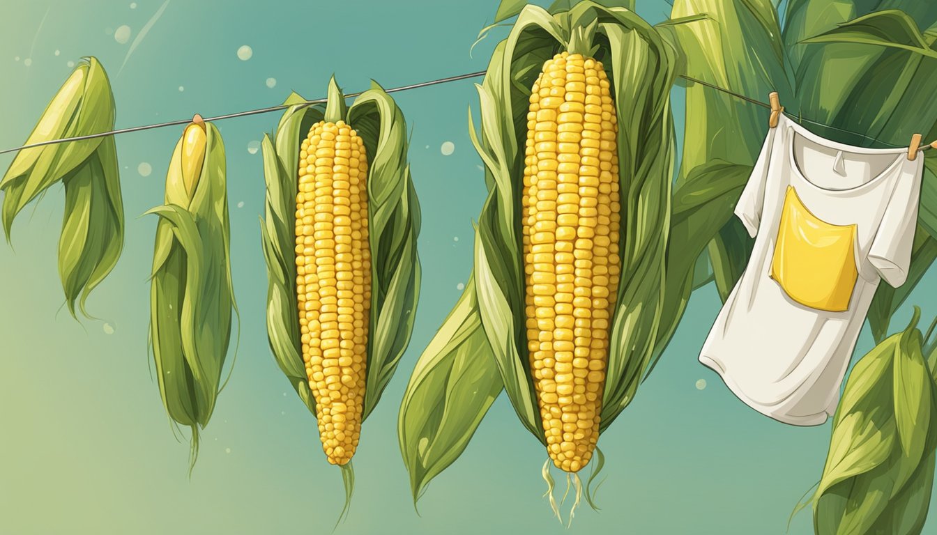 A giant corn on the cob costume being gently washed and hung to dry on a clothesline