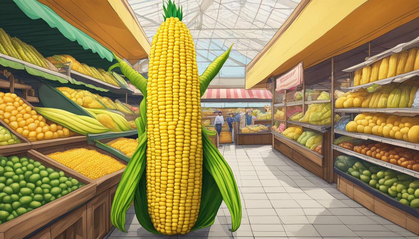 A giant corn on the cob costume displayed on a mannequin in a vibrant market setting