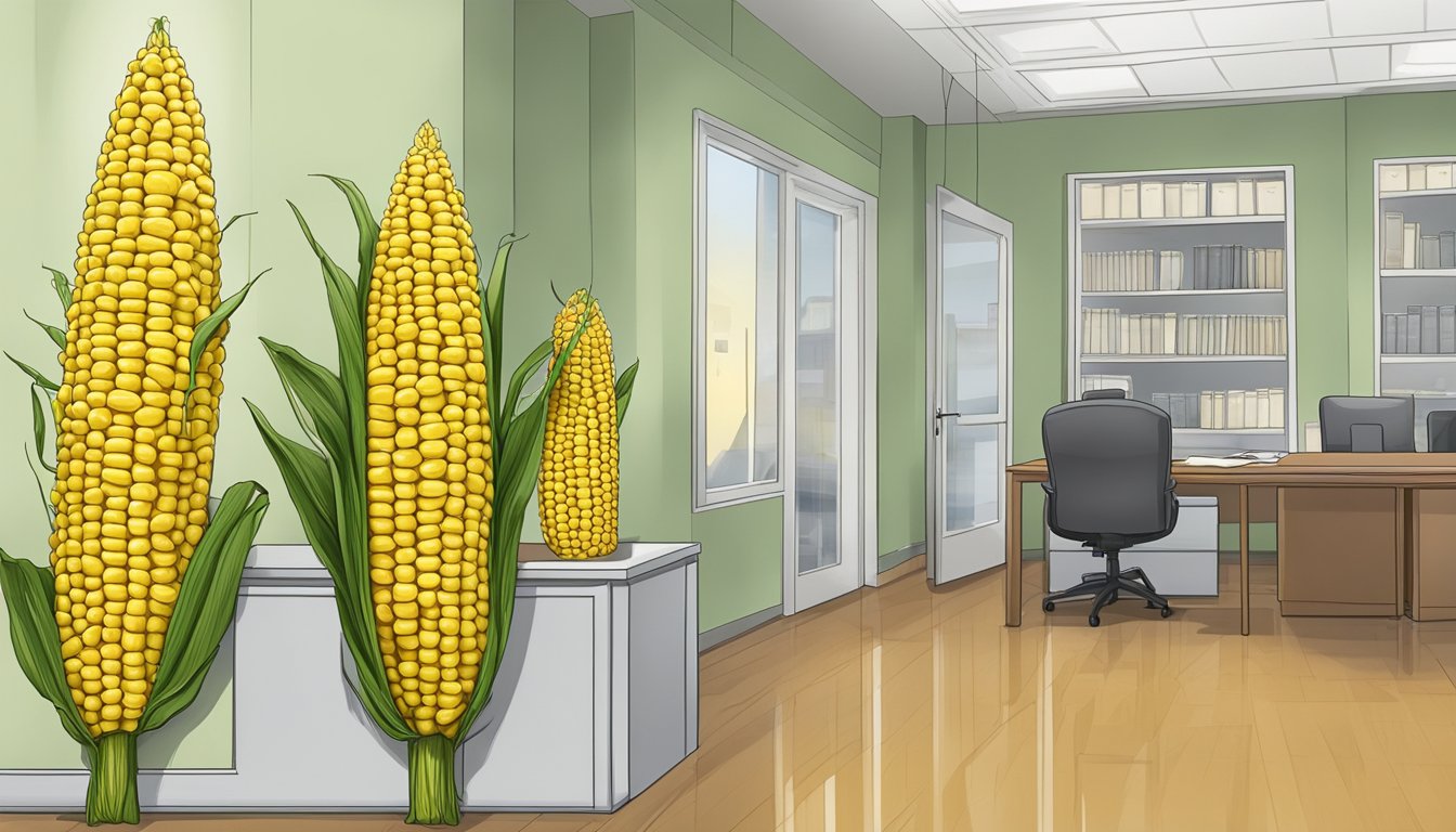 A giant corn on the cob costume displayed in a legal office on Halloween