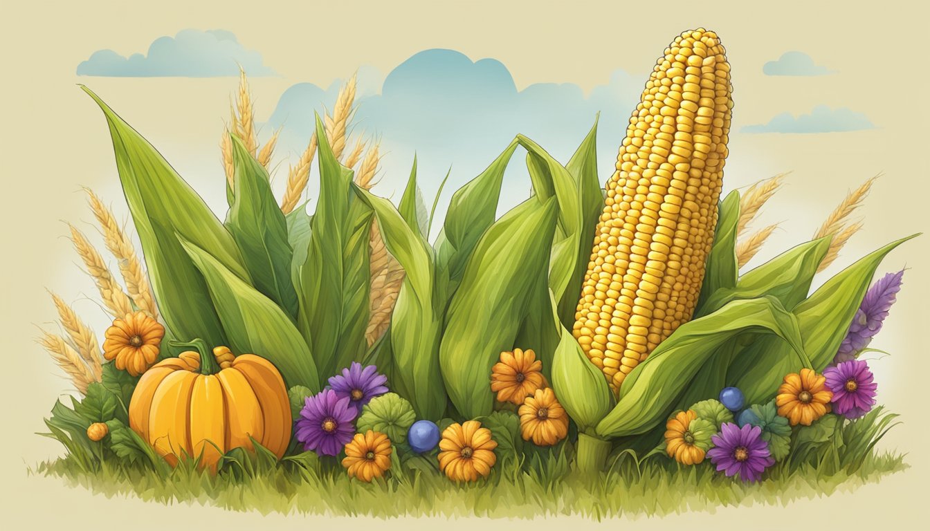 A giant corn on the cob stands proudly in a field, adorned with colorful Halloween decorations