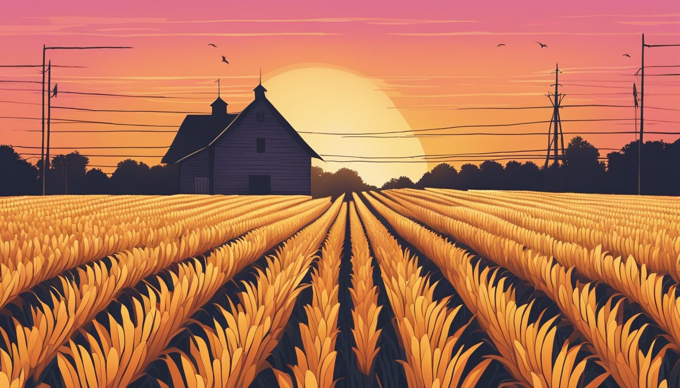 A cornfield at sunset, with rows of tall stalks and golden cobs. A few crows perch on the fence, and the sky is a warm orange and pink