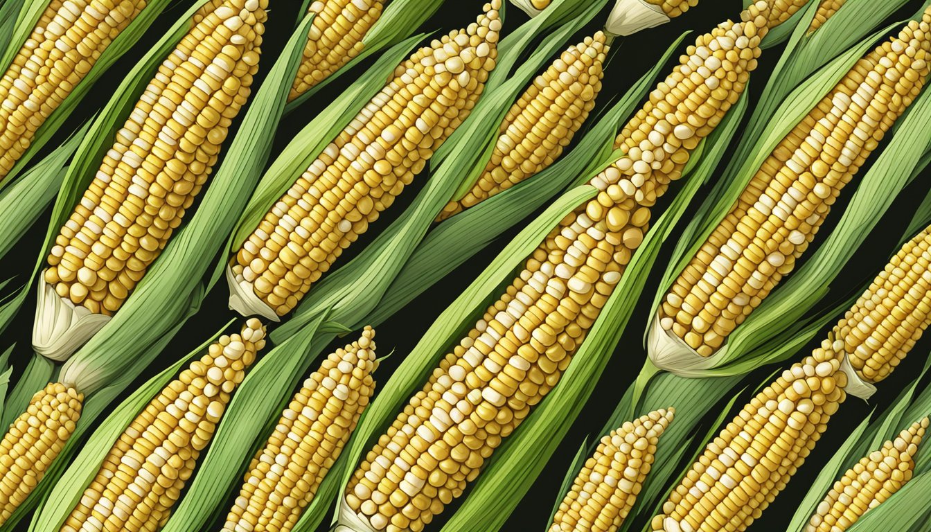 A ripe corn on the cob ear with husk partially peeled back, revealing plump kernels in neat rows