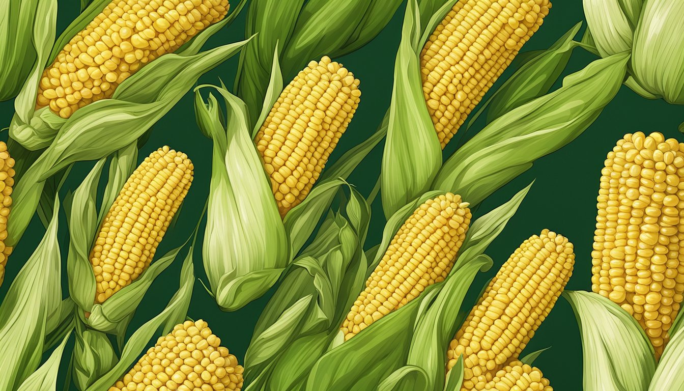 An ear of corn on the cob with kernels visible, surrounded by green husks