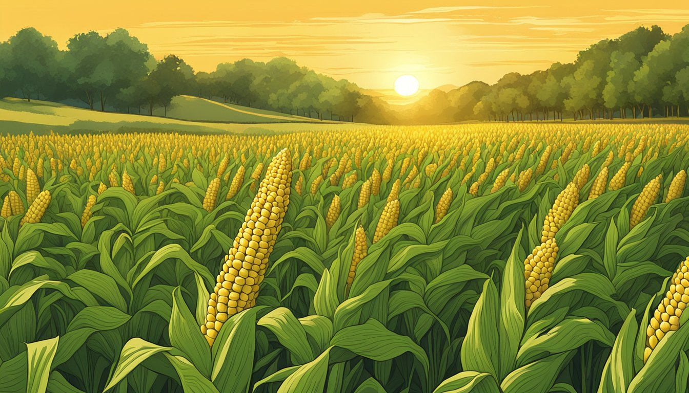 A golden ear of corn on the cob stands tall in a field, surrounded by rows of lush green stalks. The sun casts a warm glow over the scene