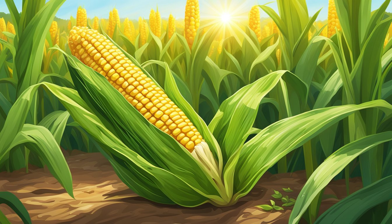 A ripe ear of corn on the cob lies in a field, surrounded by vibrant green stalks and leaves. The sun shines down, casting a warm glow on the scene