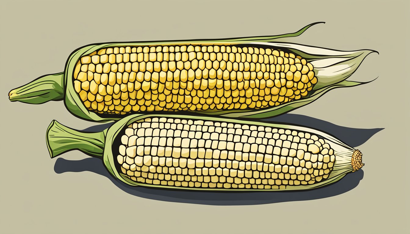 A single ear of corn on the cob with husk partially peeled back, revealing the kernels