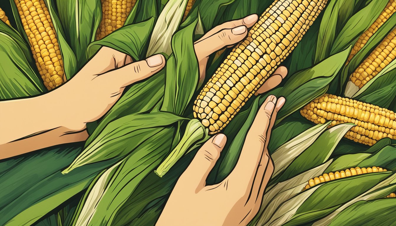 A hand reaching for a vibrant, fresh ear of corn amidst a display of golden husks and green leaves