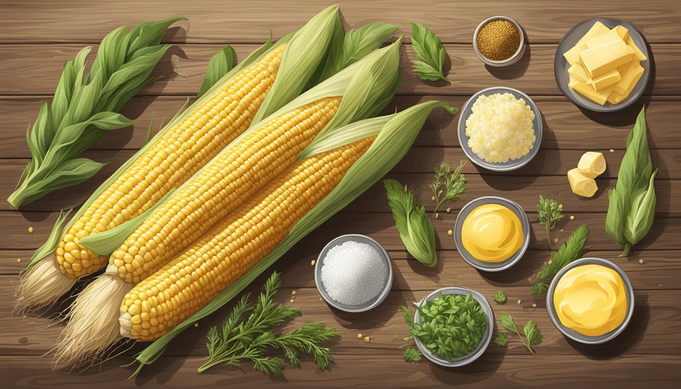 A steaming ear of corn surrounded by various flavoring options like butter, salt, pepper, and herbs on a rustic wooden table