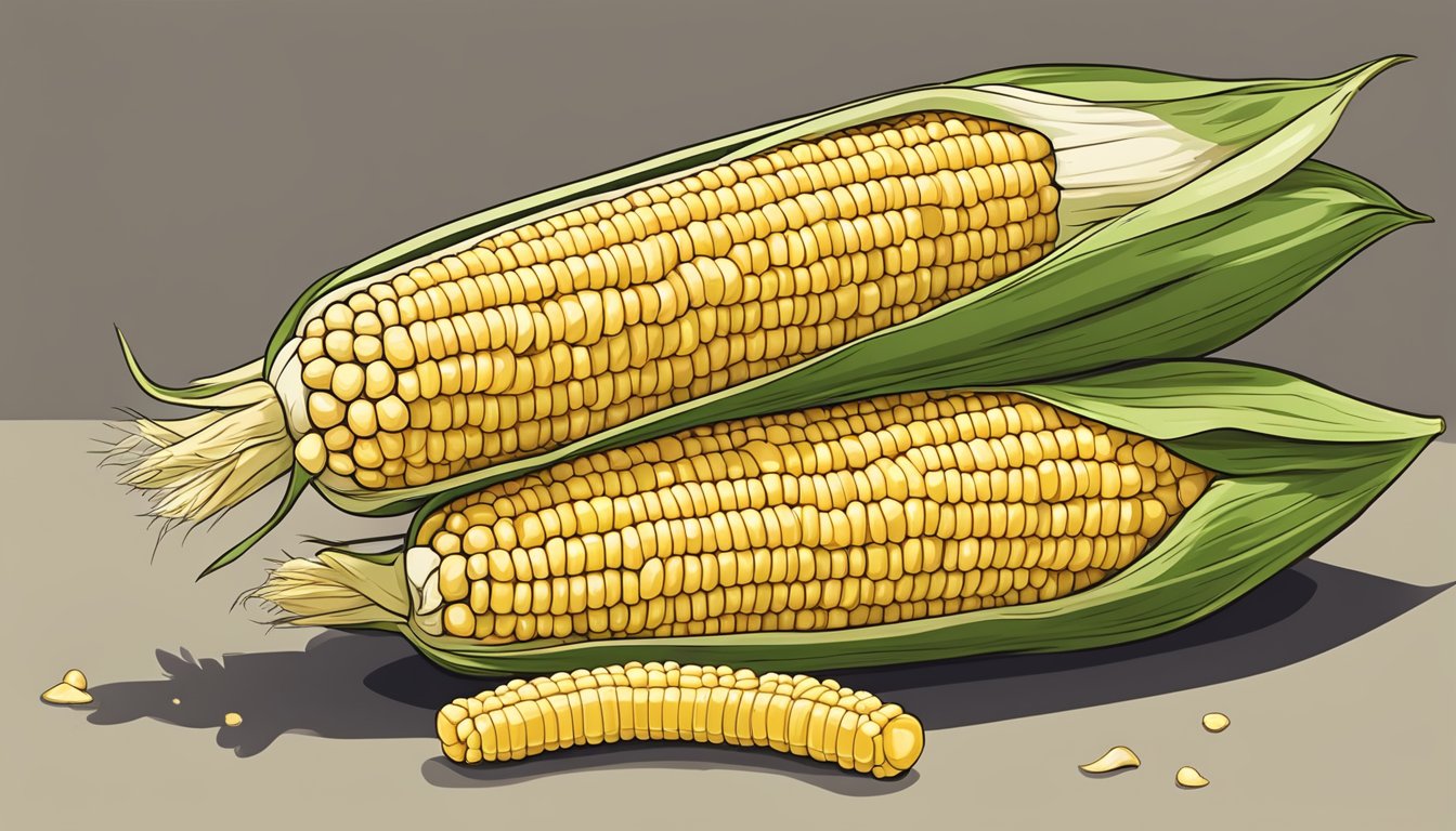 A fresh ear of corn on the cob with husk partially peeled back, ready to be cooked or eaten