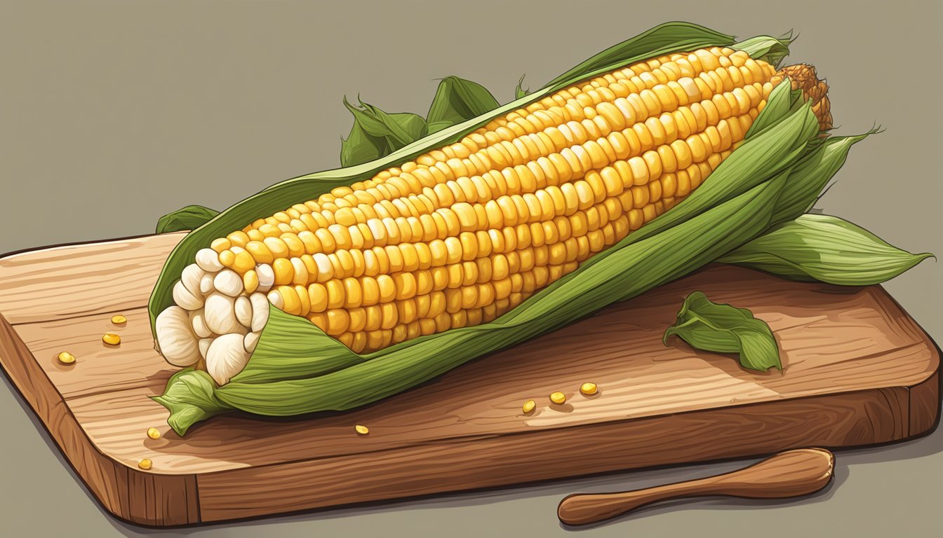 A single ear of corn on the cob, with husk partially peeled back, lying on a rustic wooden cutting board