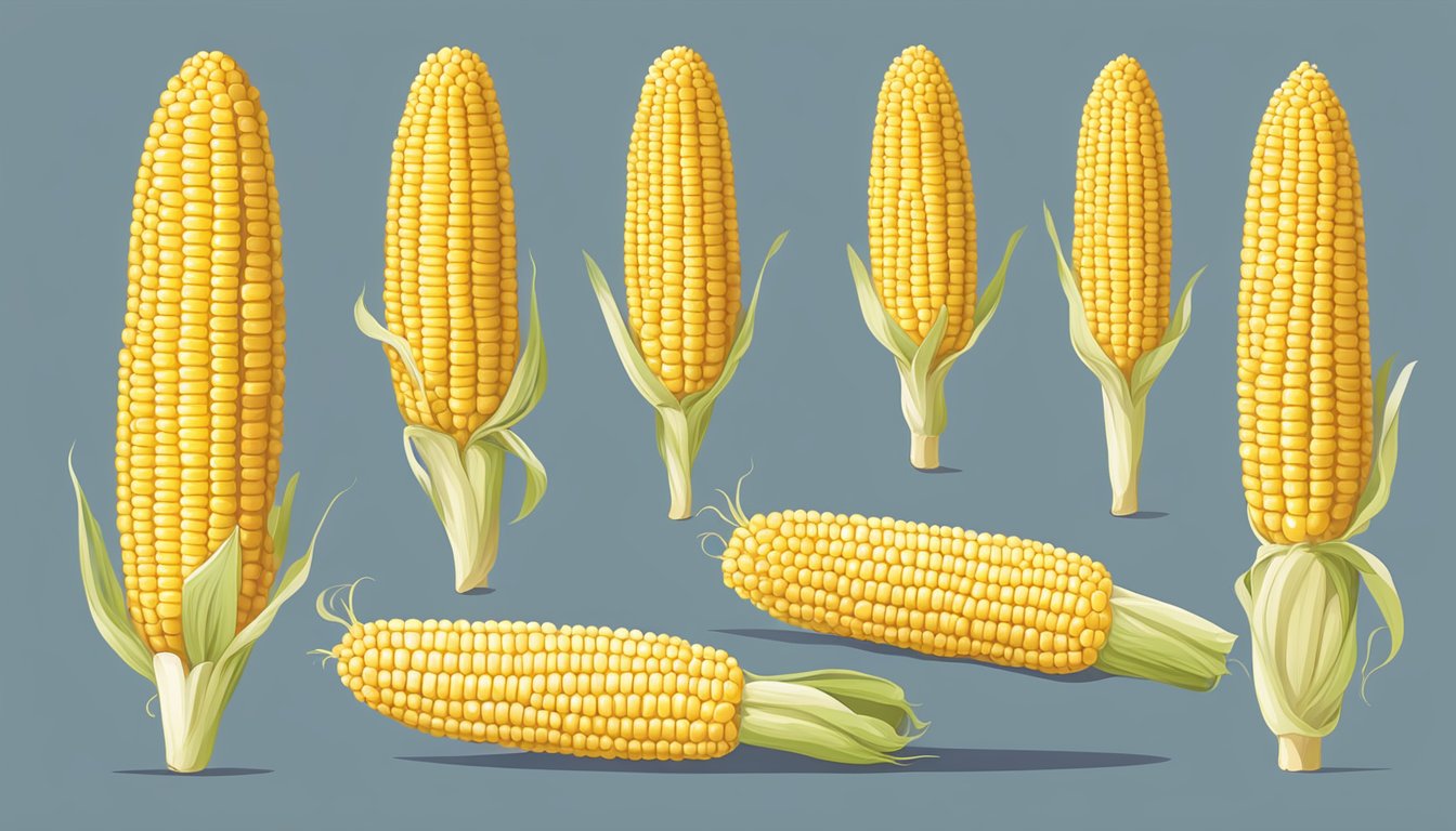 A single ear of corn on the cob with husk partially peeled back, revealing the kernels