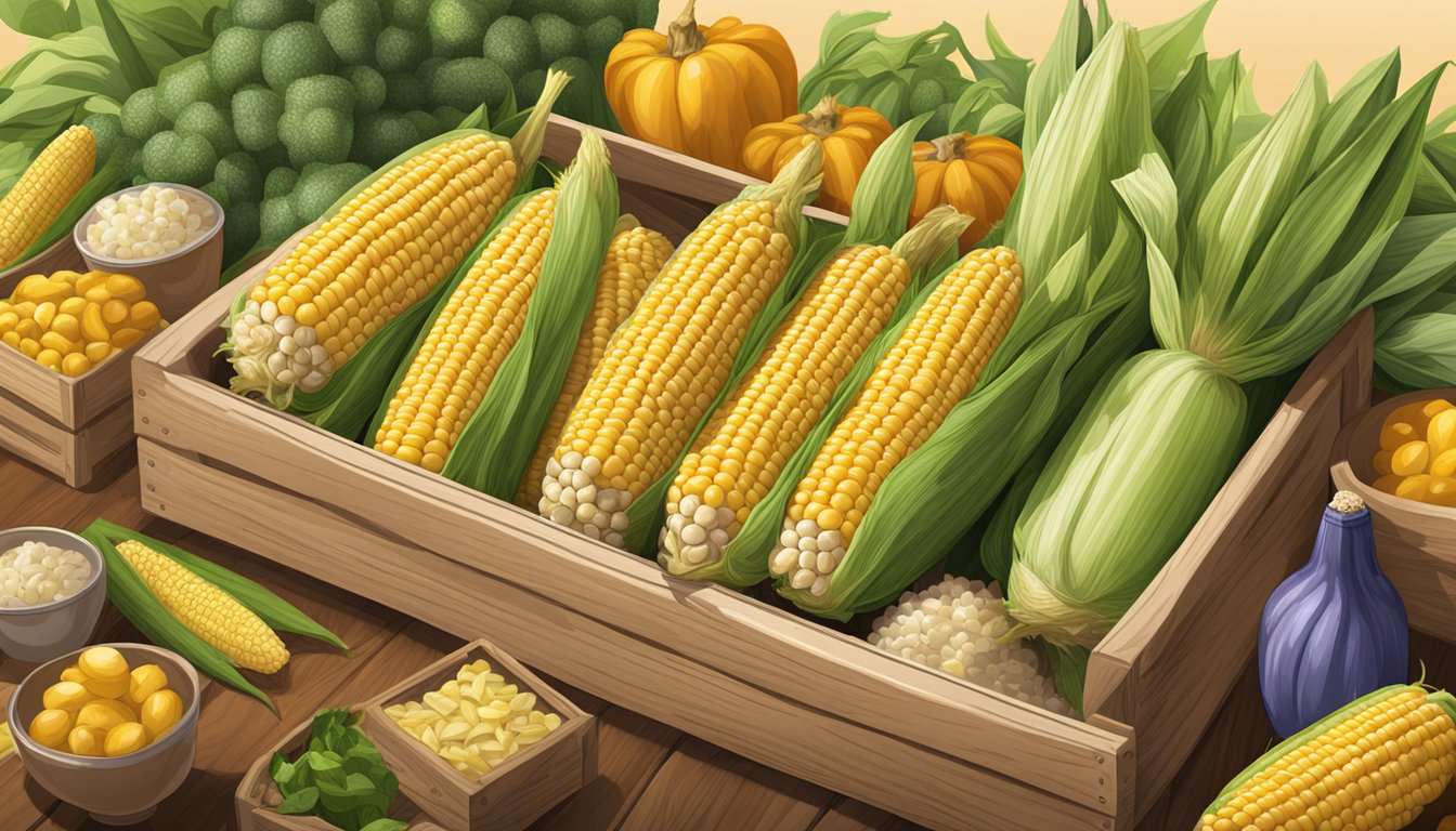 Fresh corn on the cob displayed on a wooden crate at a Walmart store, surrounded by other produce and grocery items