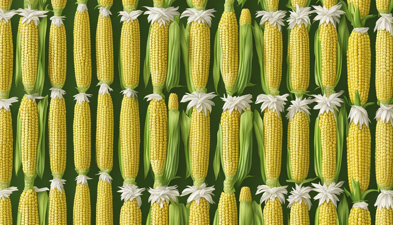 Fresh corn on the cob displayed in neat rows at a Walmart grocery section, with bright lighting and clean packaging