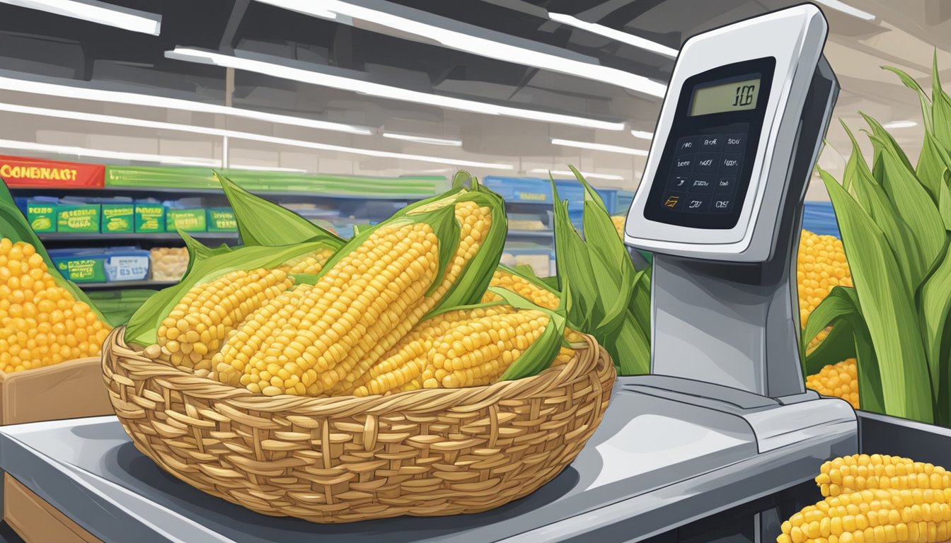 A basket of corn on the cob sits on a scale at a Walmart produce section. A price tag is being printed by a machine