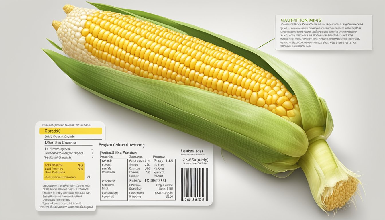 A fresh ear of corn on the cob with husk partially peeled back, displayed on a clean, white surface with a nutrition label nearby