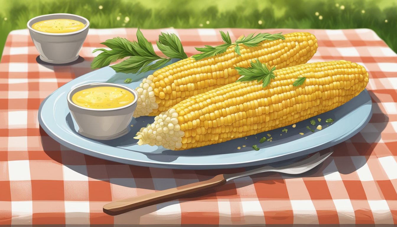 A platter of grilled corn on the cob with melted butter and sprinkled with herbs, served on a checkered tablecloth at a picnic