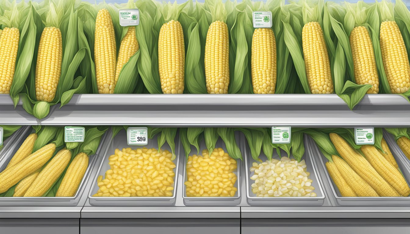 Fresh corn on the cob in a refrigerated display at Walmart, with clear storage guidelines posted nearby