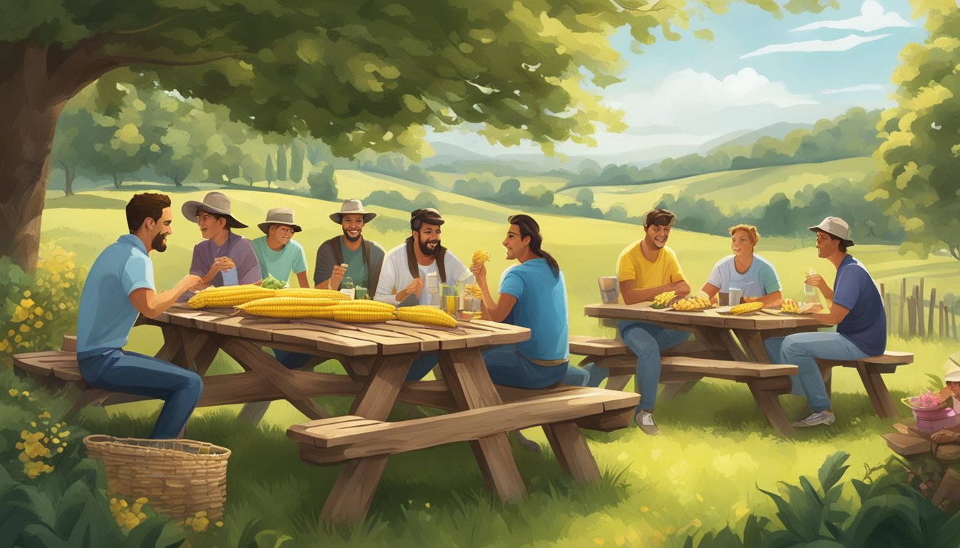 A rustic picnic table with a steaming pile of grilled corn on the cob, surrounded by happy diners in a lush English countryside setting