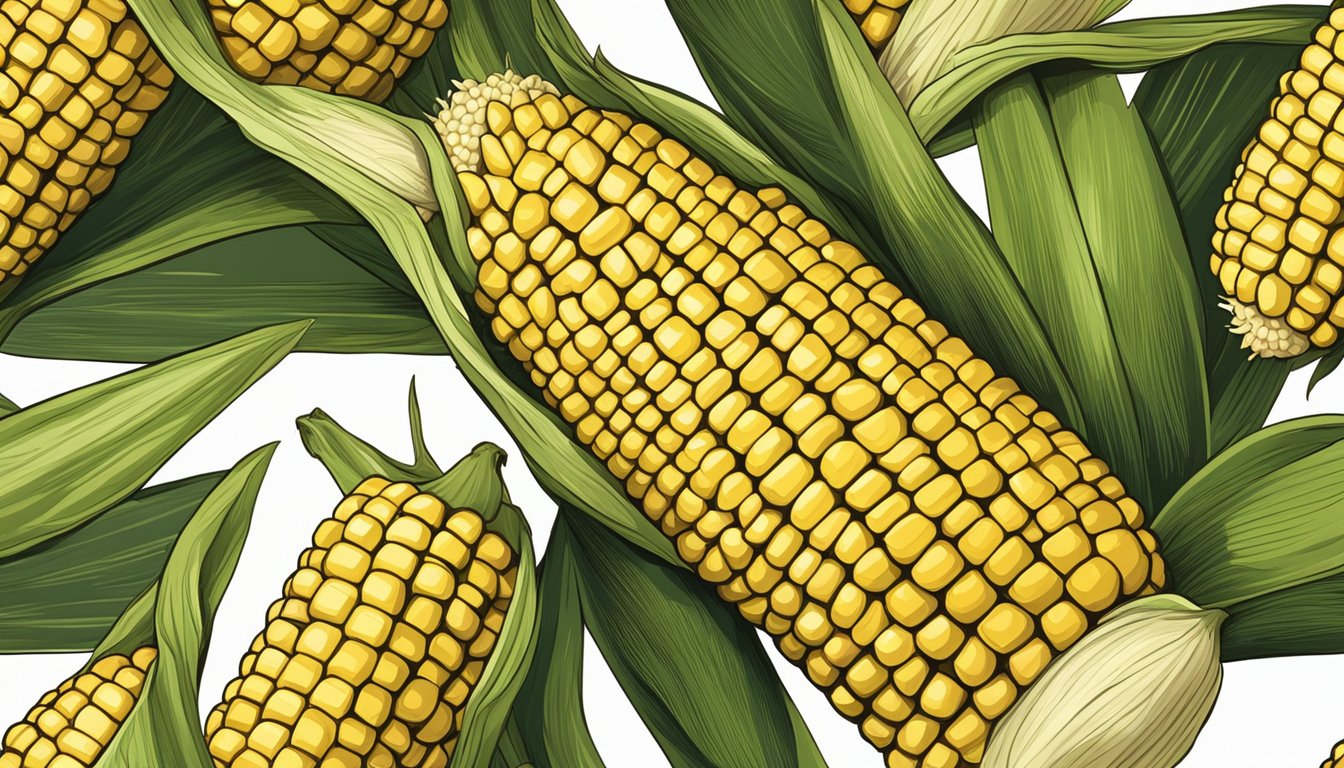 A single ear of corn on the cob with husk partially peeled back, revealing the yellow kernels inside