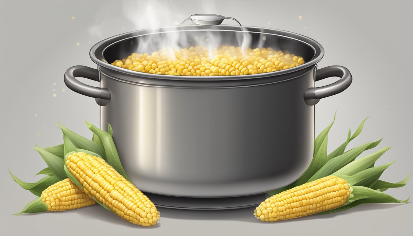 A pot of boiling water with corn cobs inside, steam rising