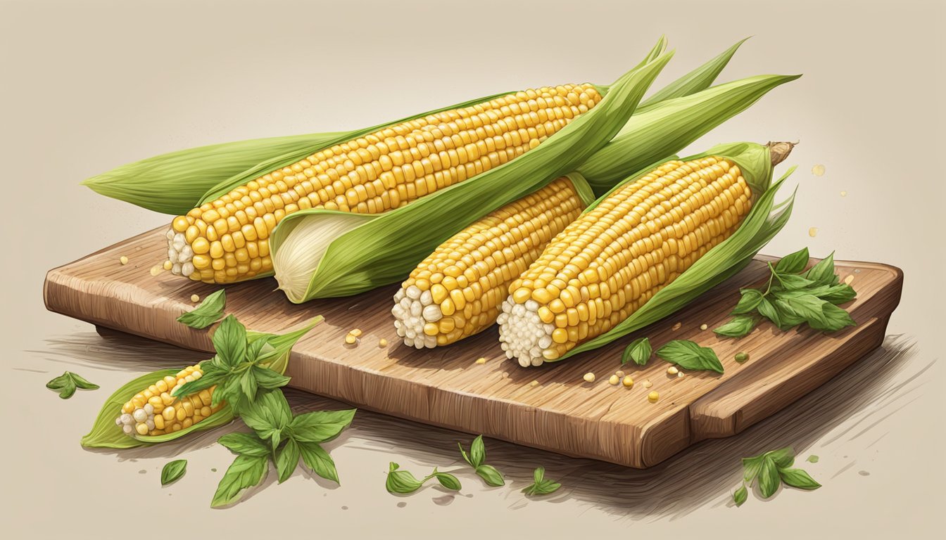 Fresh corn on the cob grilled over open flame, brushed with butter and sprinkled with a blend of herbs and spices