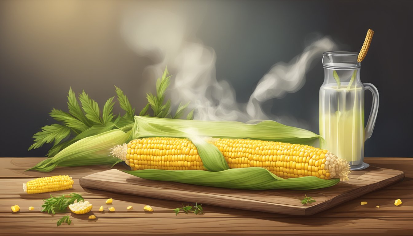 A rustic wooden table with a steaming ear of corn on the cob, topped with melted butter and sprinkled with herbs