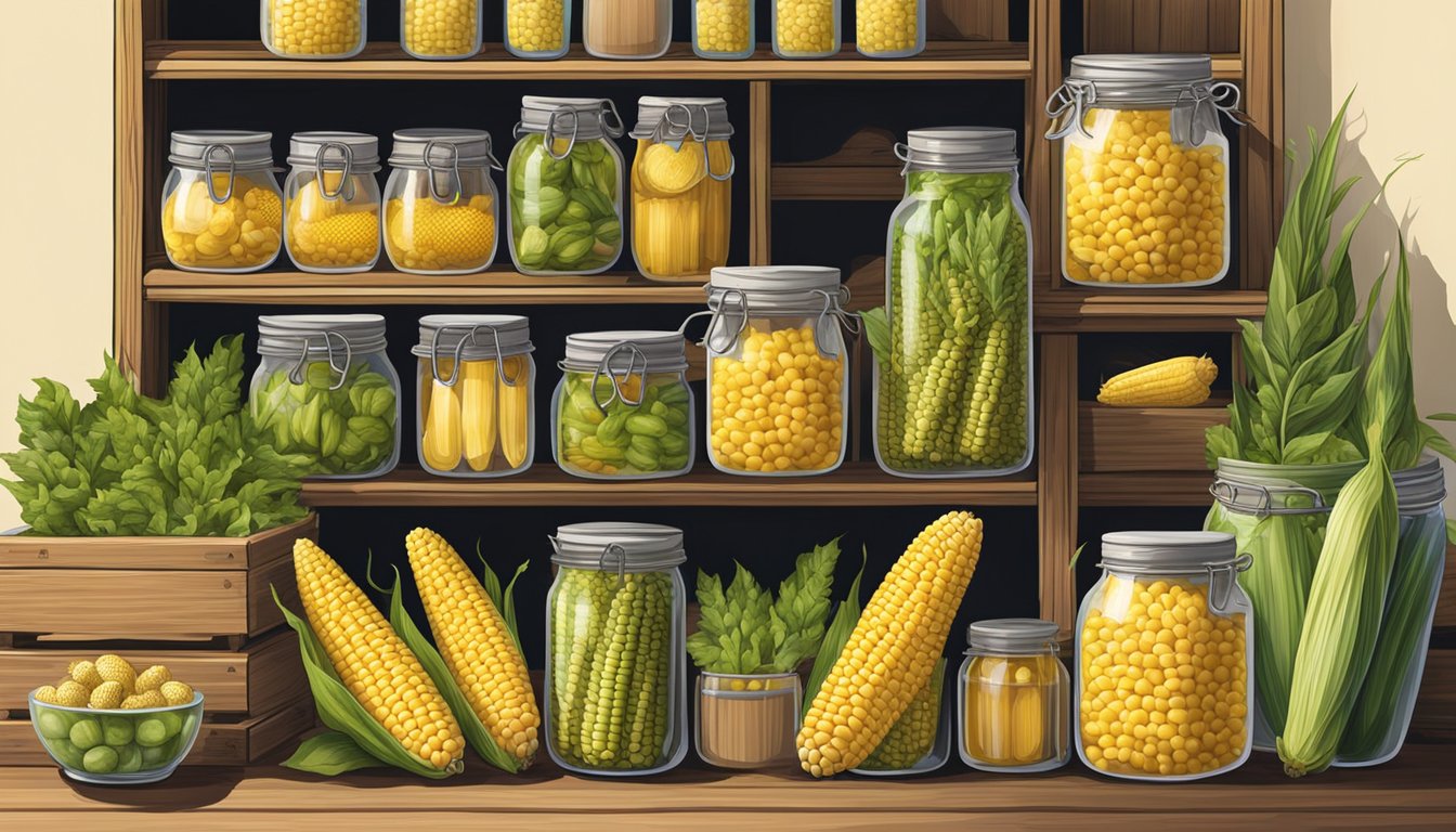 A wooden crate filled with fresh corn on the cob, surrounded by jars of pickling liquid and shelves of preserved produce