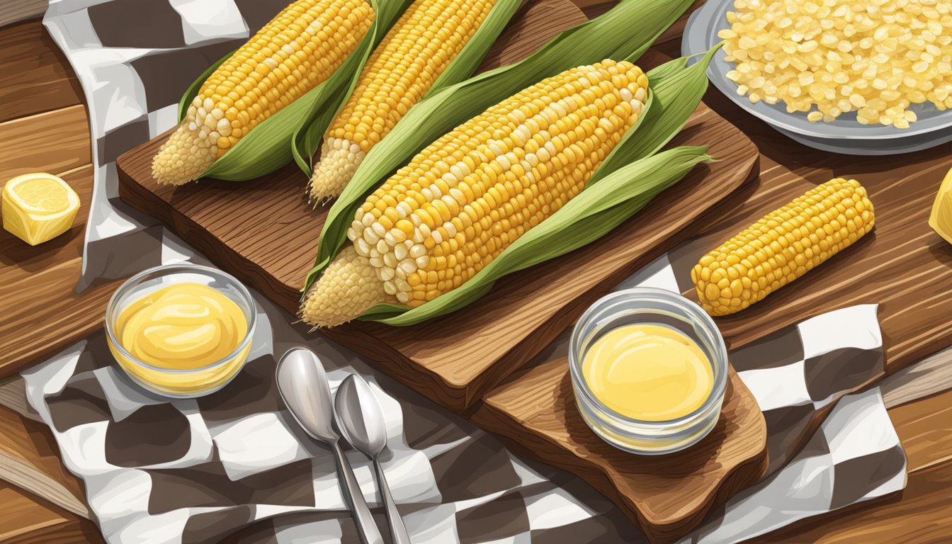 A rustic wooden table with a checkered tablecloth, showcasing freshly grilled corn on the cob with a side of butter and a sprinkle of salt