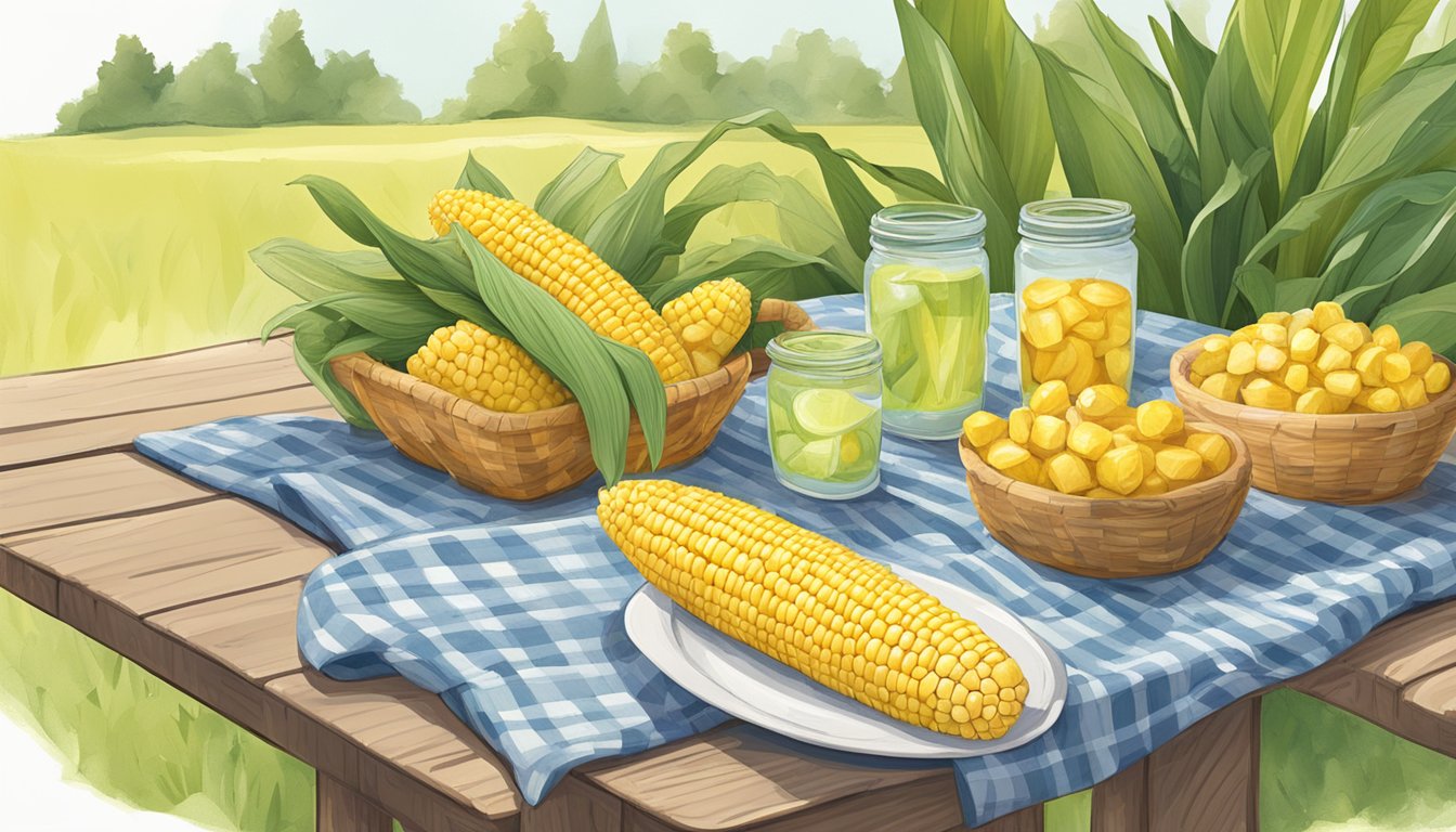 A sunny picnic table with a pile of fresh corn on the cob, surrounded by greenery and a playful jellycat toy