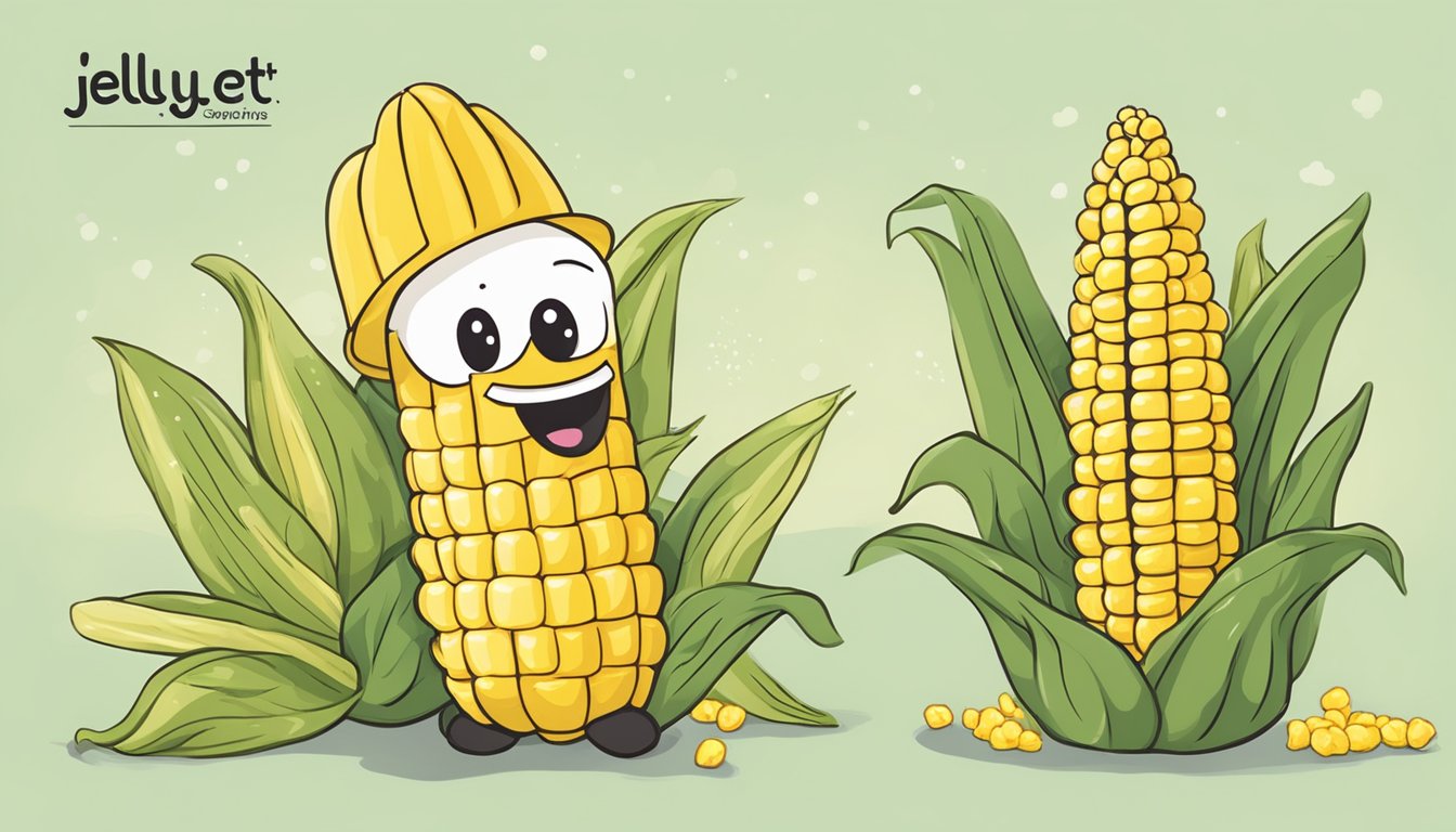 A smiling corn on the cob with plush kernels, featuring the Jellycat logo and branding