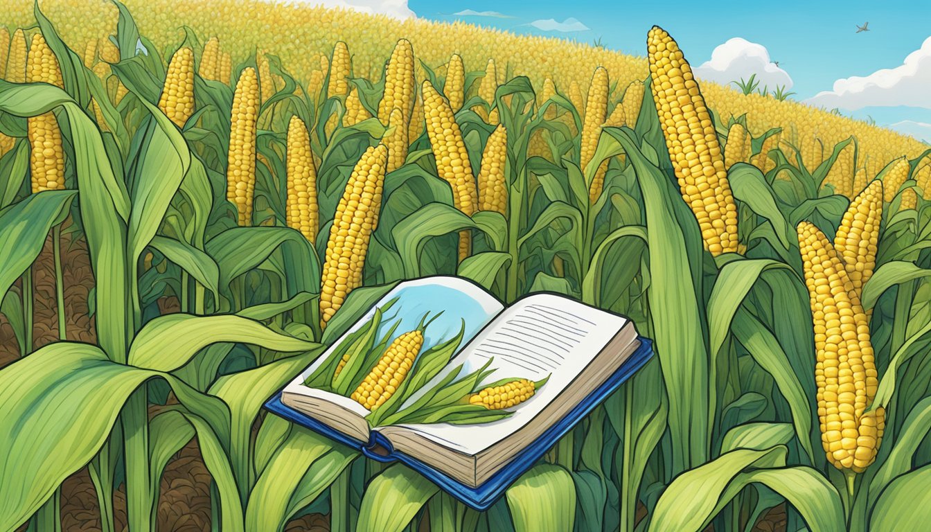 A colorful sweetcorn field with a vibrant blue sky, a book about vegetables, and a jellycat toy nestled among the stalks