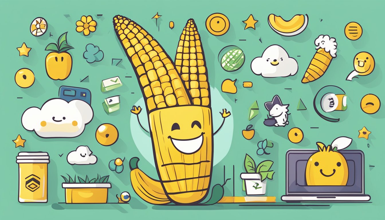 A smiling corn on the cob with a Jellycat logo, surrounded by various e-commerce symbols and icons