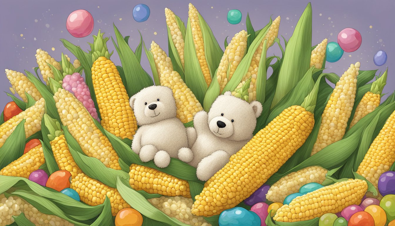 A pile of fresh corn on the cob surrounded by colorful jellycat plush toys