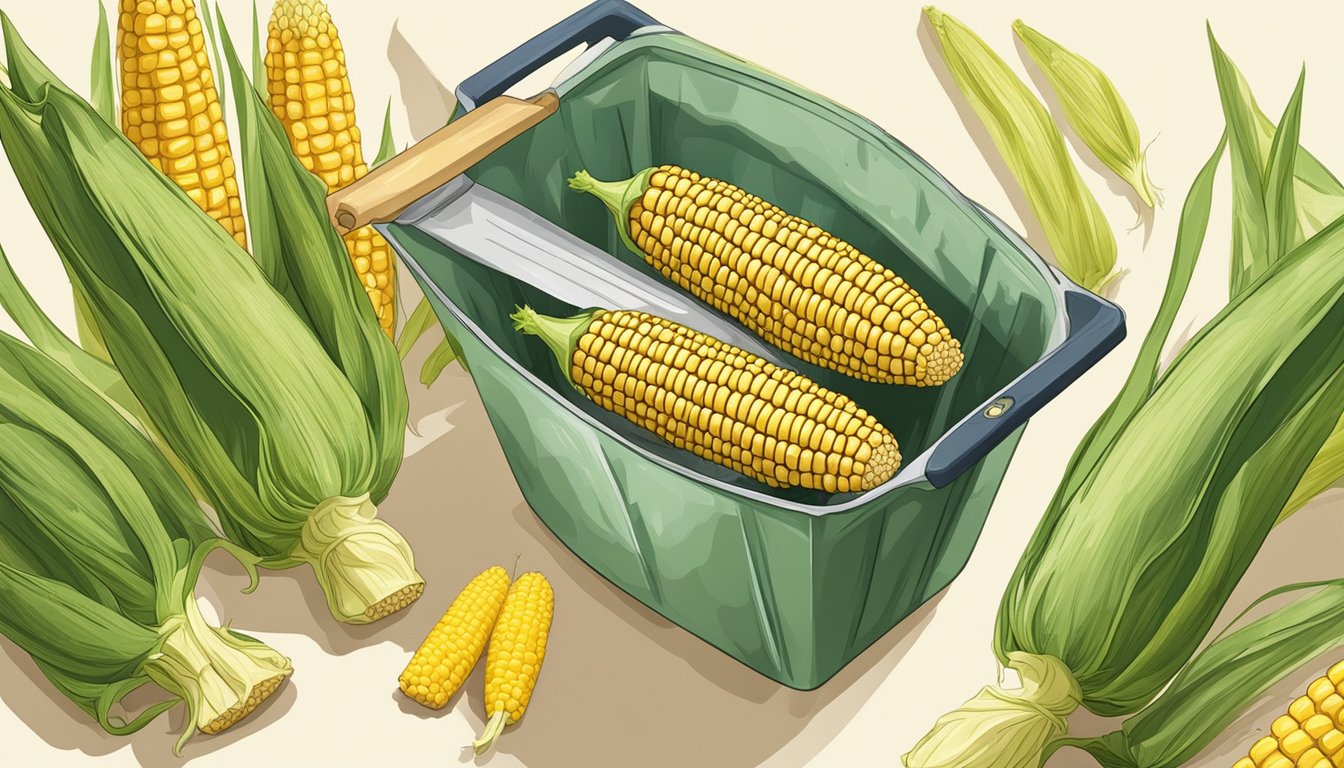 Fresh corn on the cob being juiced into a container for preservation