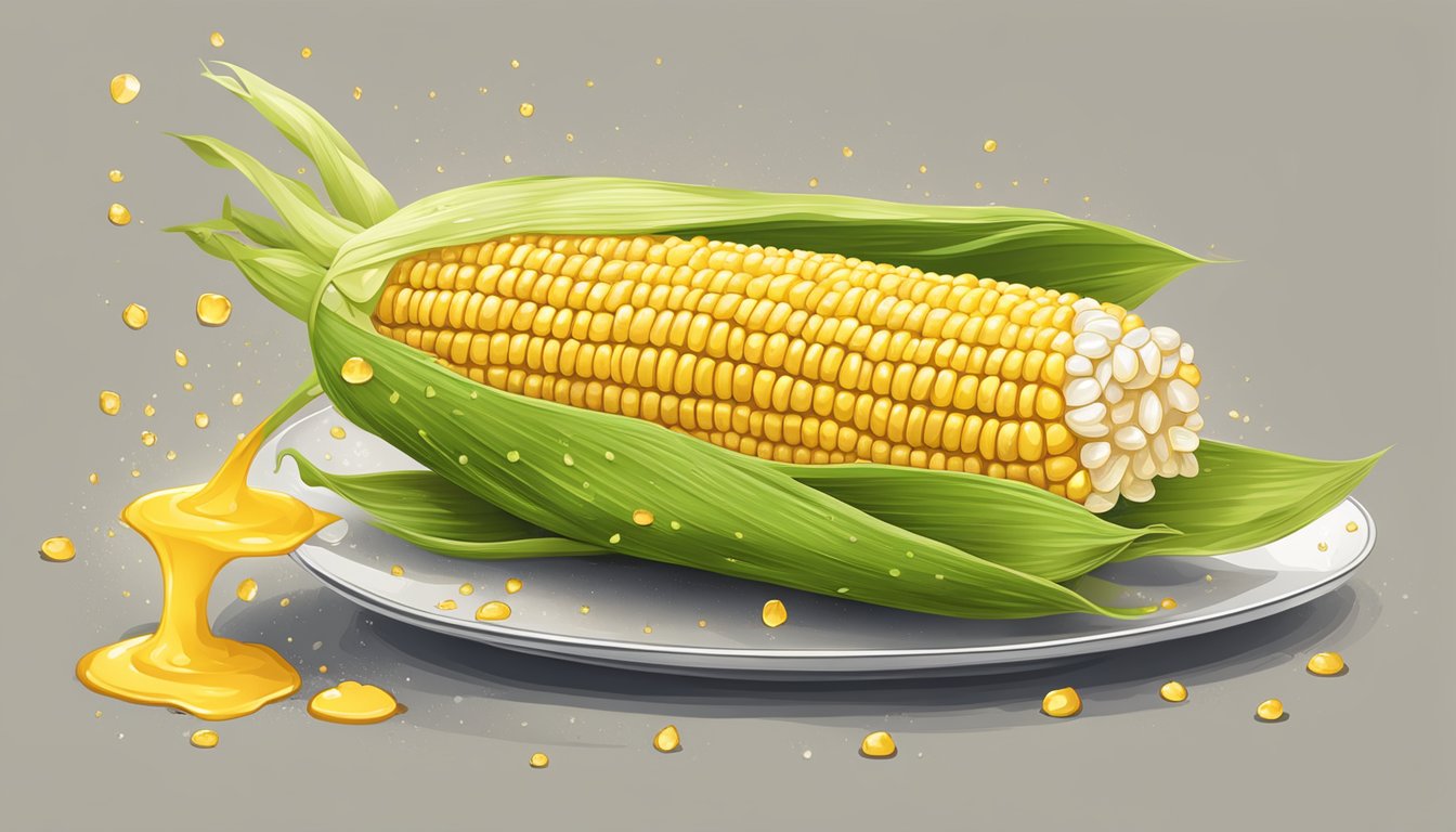 A freshly grilled corn on the cob with droplets of golden juice oozing out