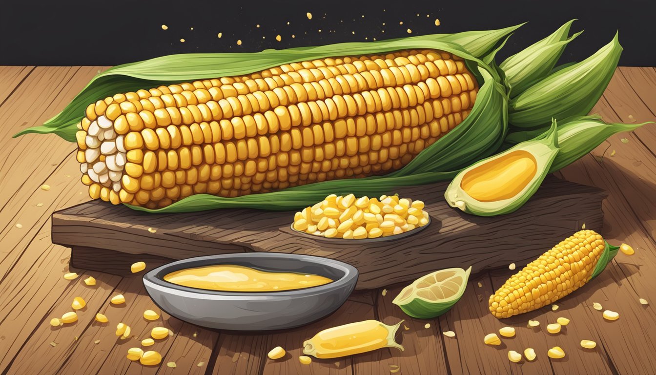 Corn on the cob dripping with juice, surrounded by vibrant husks and scattered kernels on a wooden table