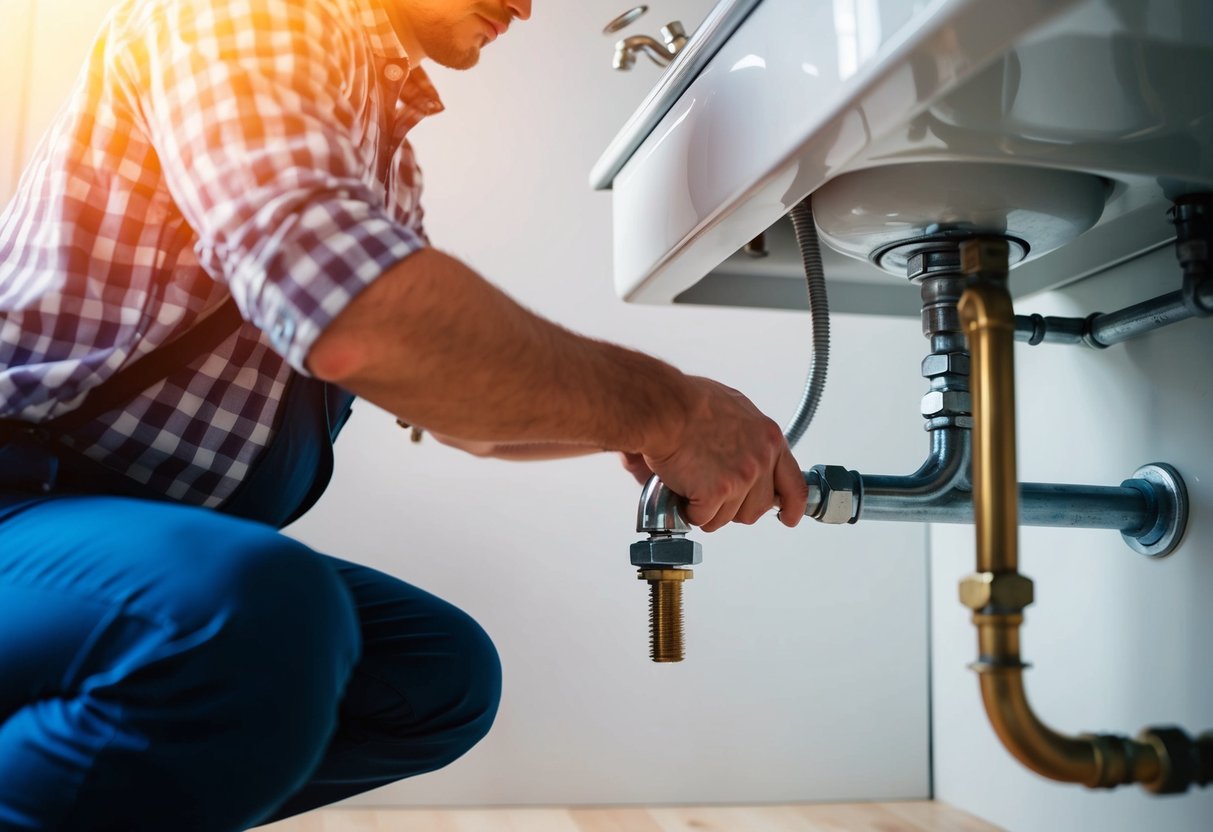 A plumber in Rawang fixing a leaky pipe under a sink