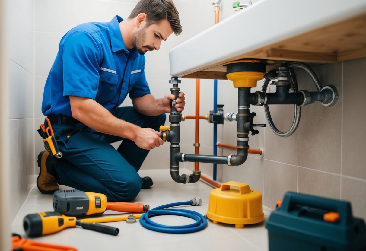 A plumber installing pipes and fixtures in a bathroom, surrounded by tools and equipment