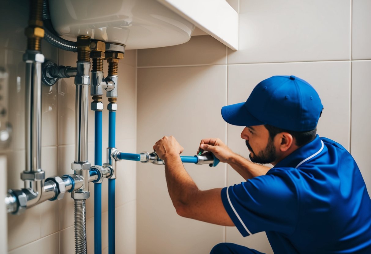 A plumber in Rawang repairing and replacing pipes in a residential bathroom