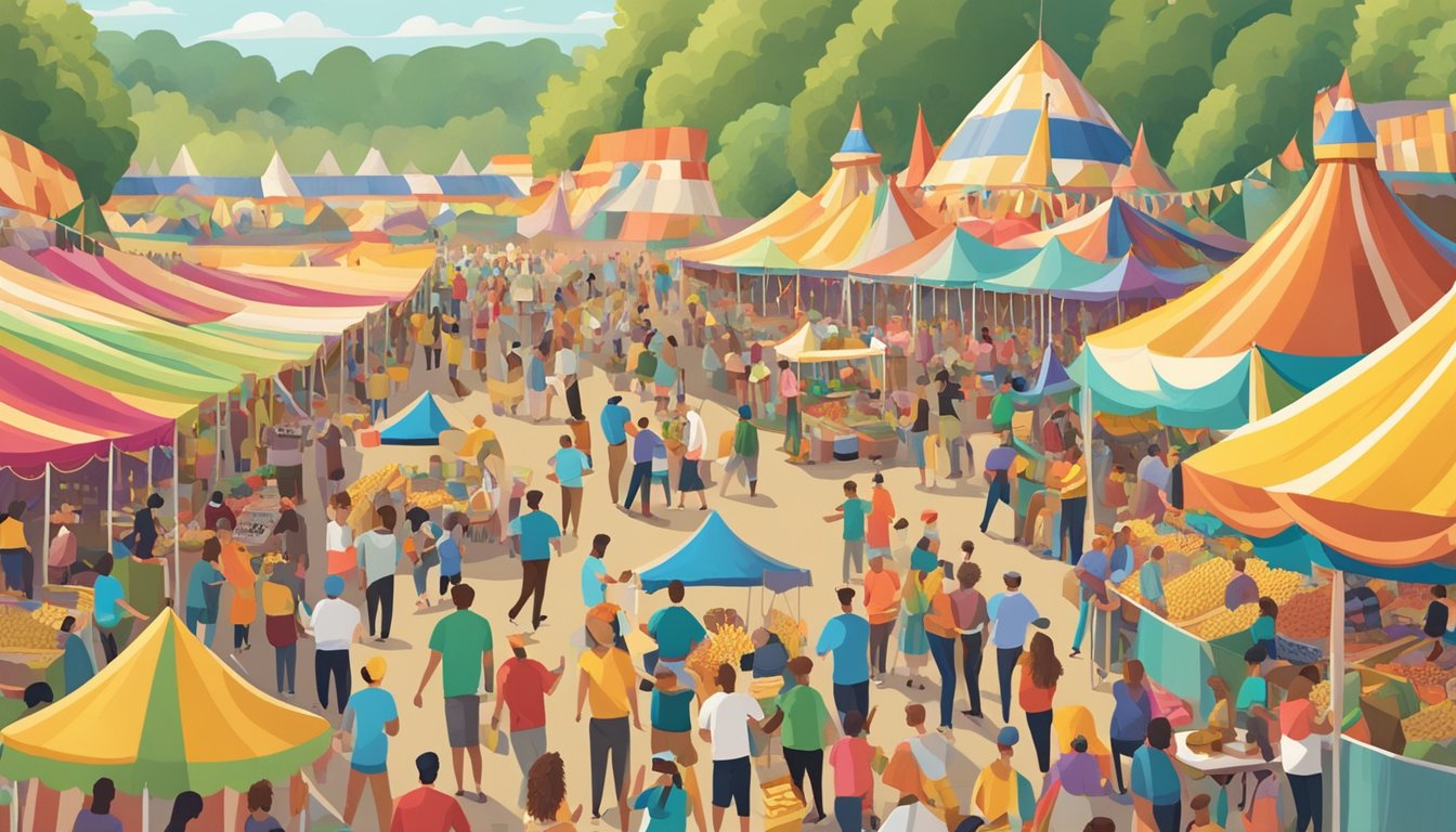 A bustling outdoor festival with rows of colorful tents, people enjoying corn on the cob, live music, and carnival rides