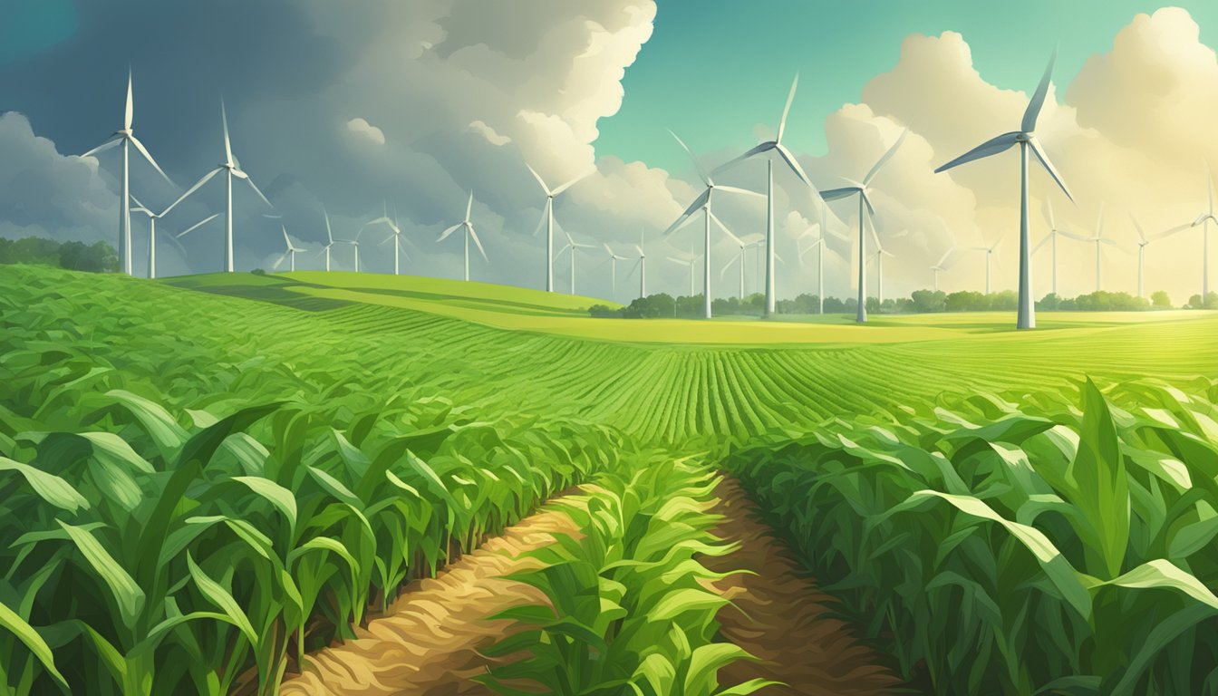 A lush field of corn on the cob with wind turbines in the background, symbolizing sustainable agriculture in 2024