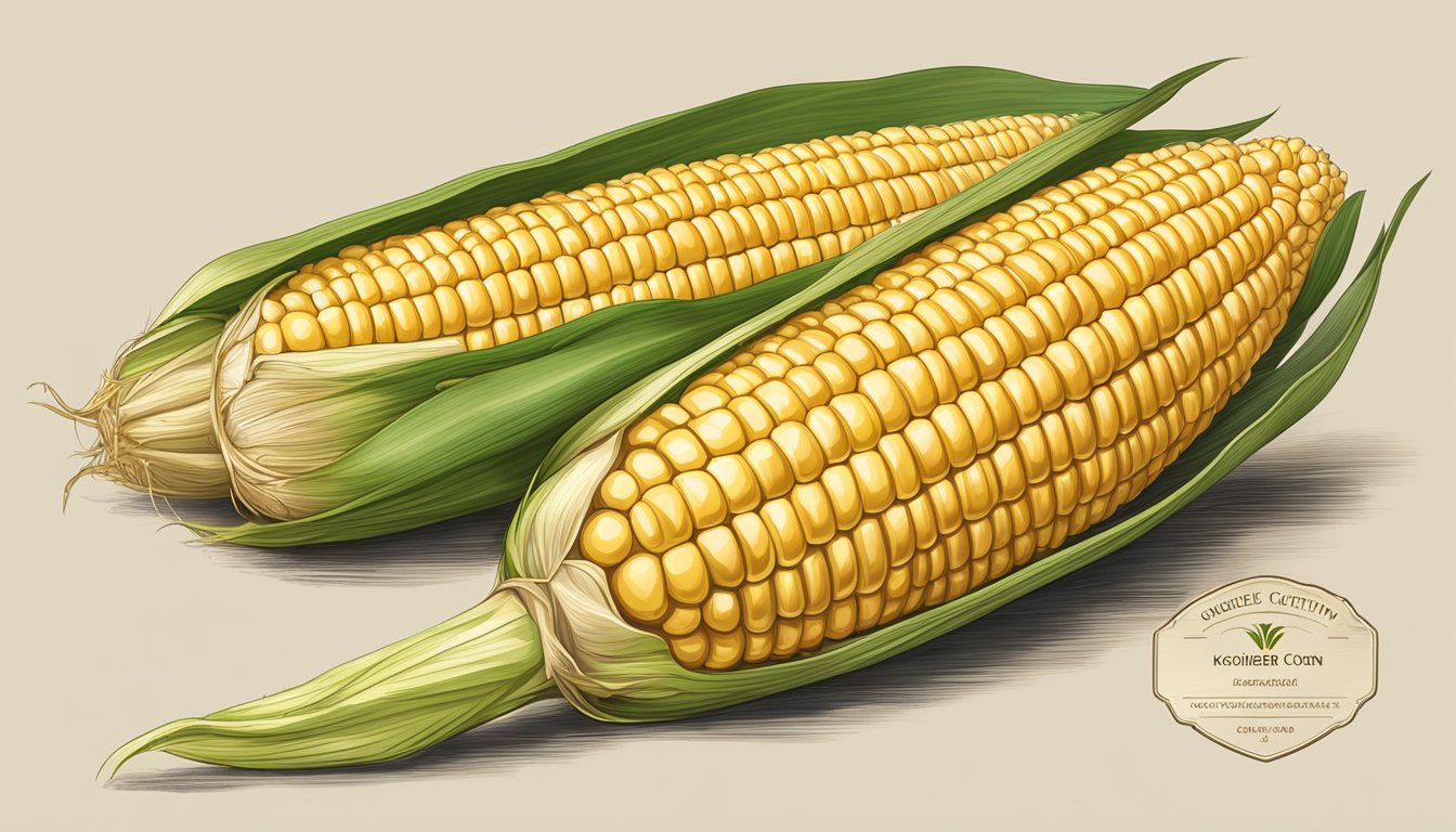 A golden ear of corn with a kosher certification symbol displayed prominently on the husk