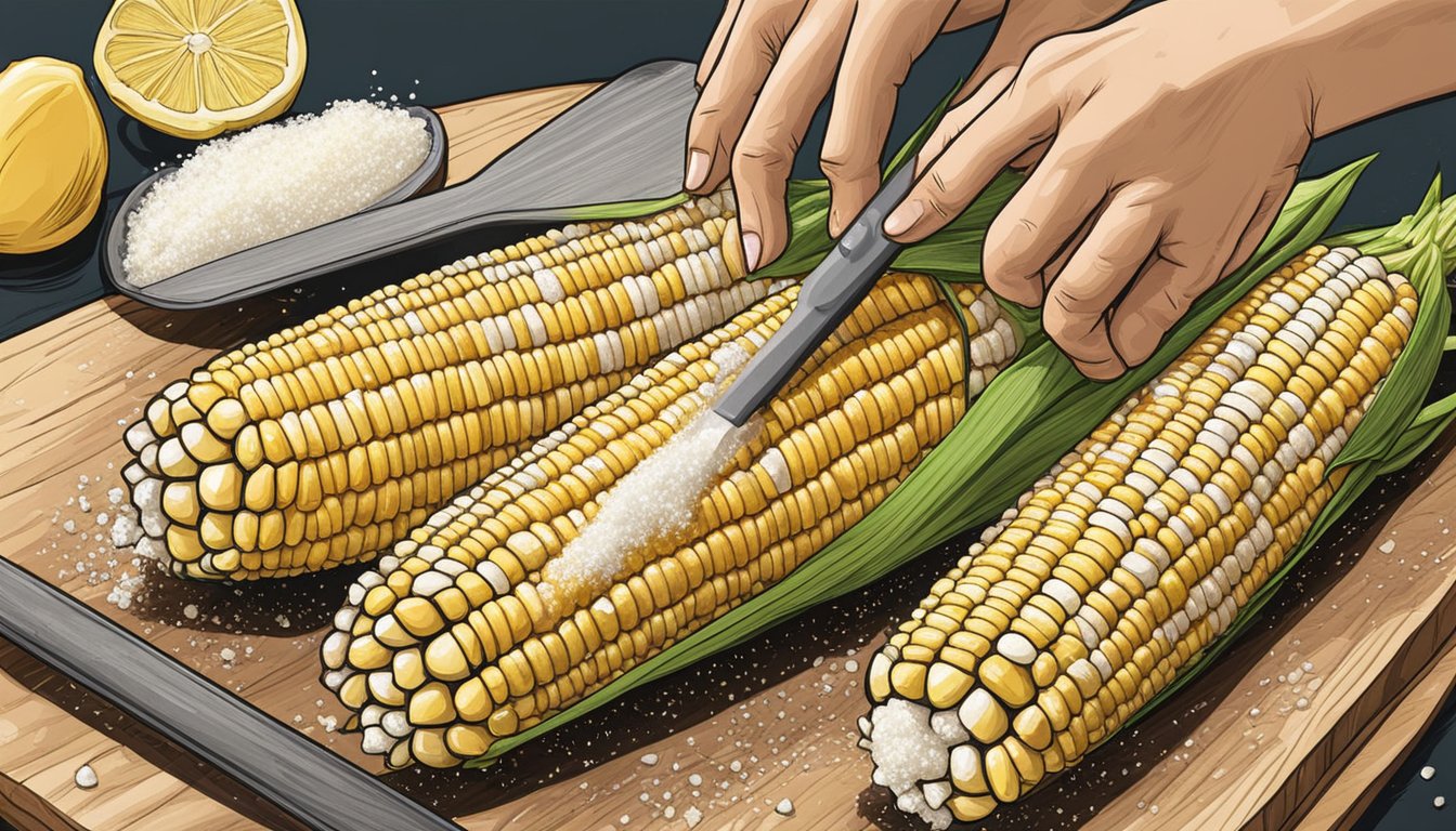 Fresh corn on the cob being brushed with kosher salt before grilling