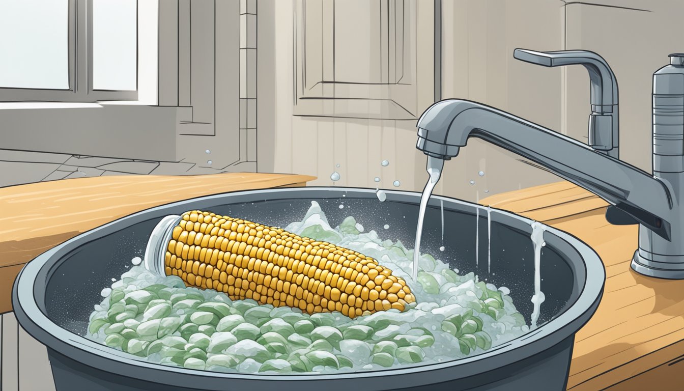 A cob of corn being washed under running water with a kosher food safety label visible