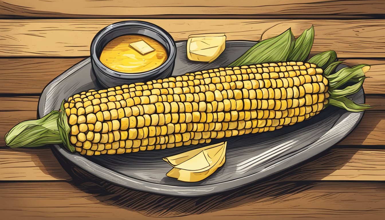 A platter with perfectly grilled kosher corn on the cob, garnished with butter and sprinkled with seasoning, served on a rustic wooden board