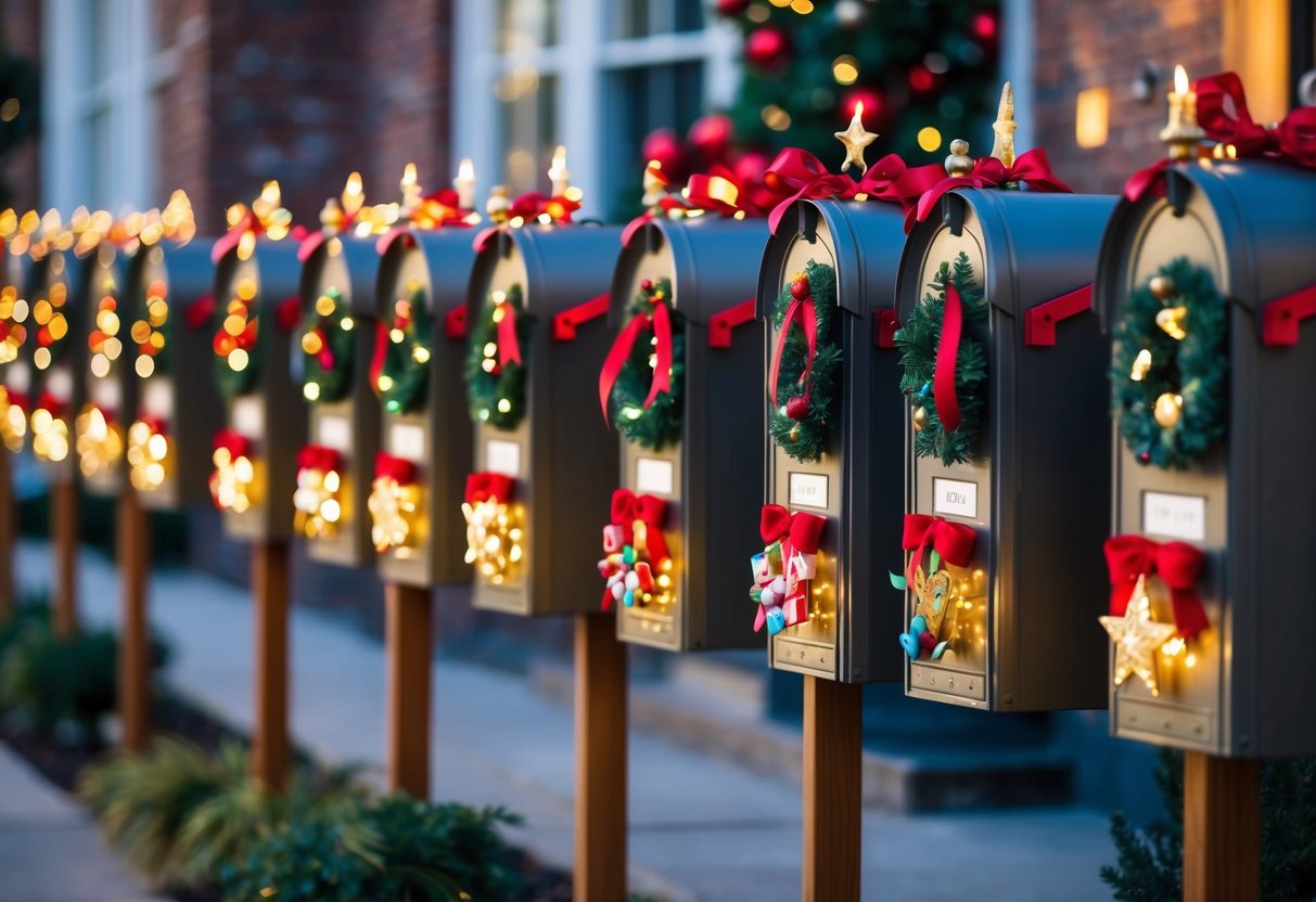 A row of festive mailboxes adorned with holiday decorations, including twinkling lights, wreaths, and colorful ribbons