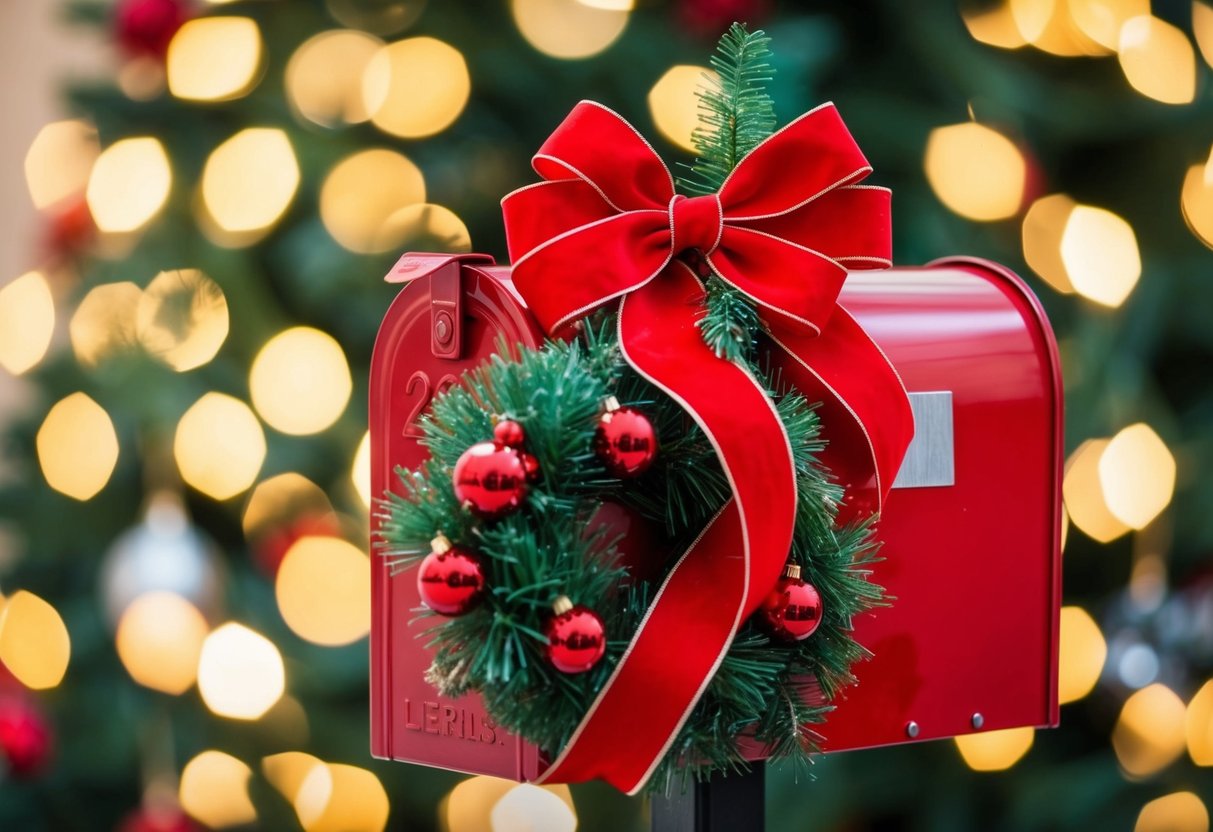 A red ribbon wraps around a festive mailbox adorned with Christmas decorations